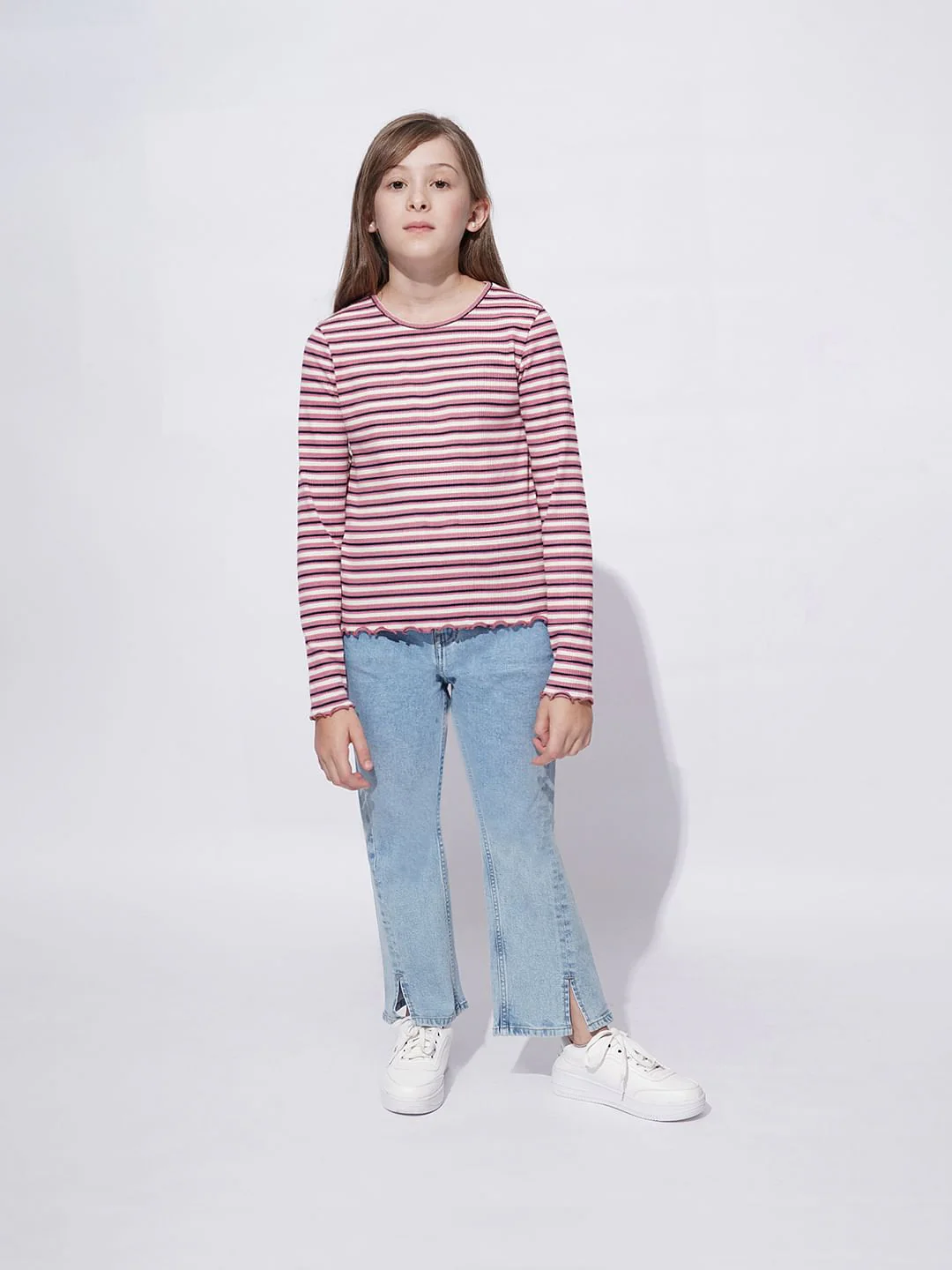 Girls Pink Striped Lettuce Hem Top - Image 5