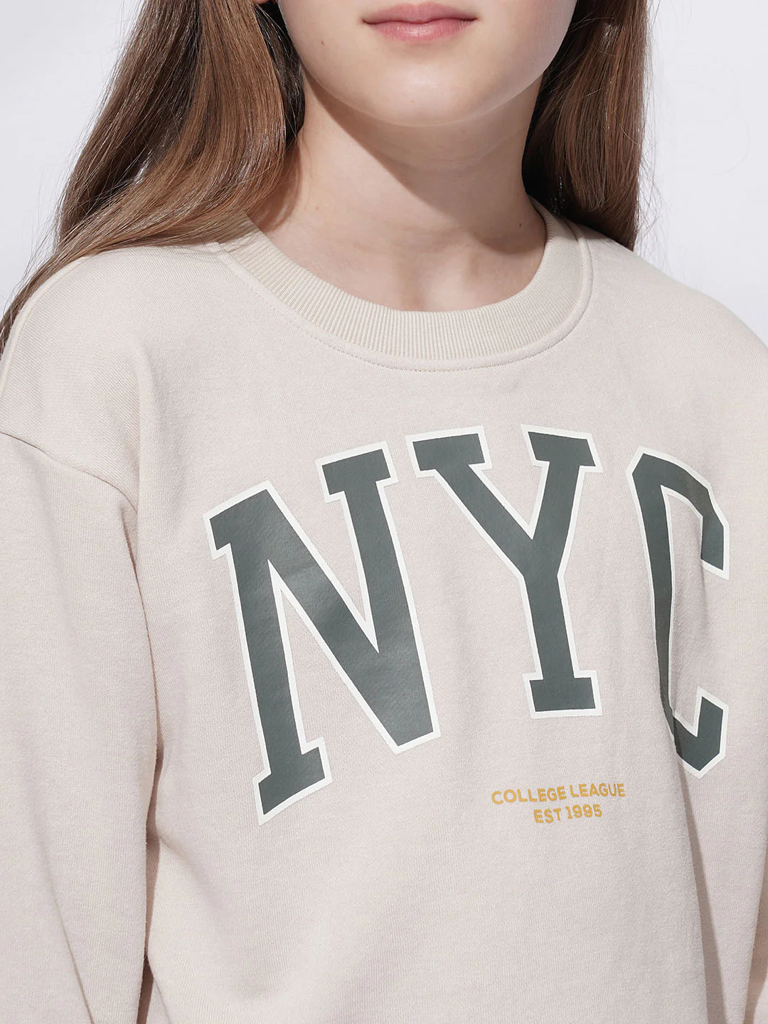 Girls Beige Varsity Graphic Print Sweatshirt - Image 4