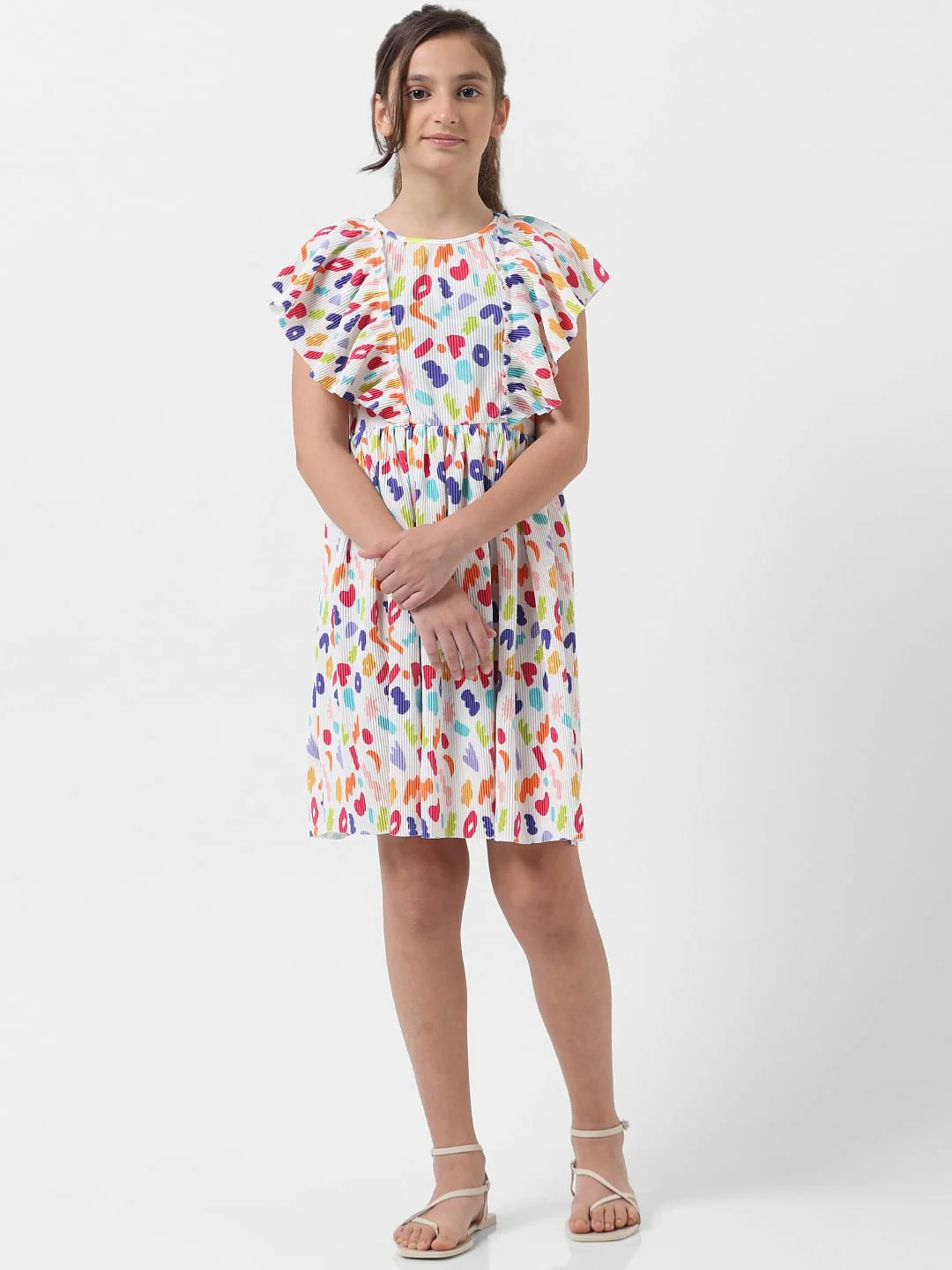 Girl White Pleated Printed Dress - Image 2