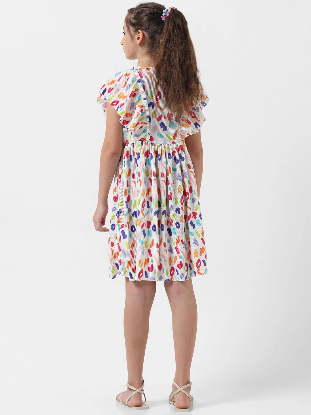 Girl White Pleated Printed Dress - Image 3