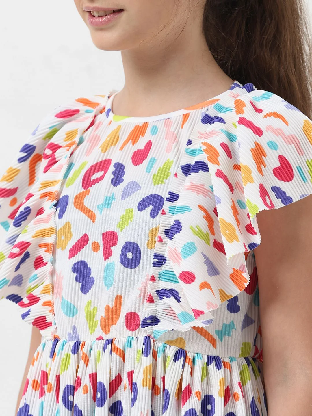 Girl White Pleated Printed Dress - Image 4
