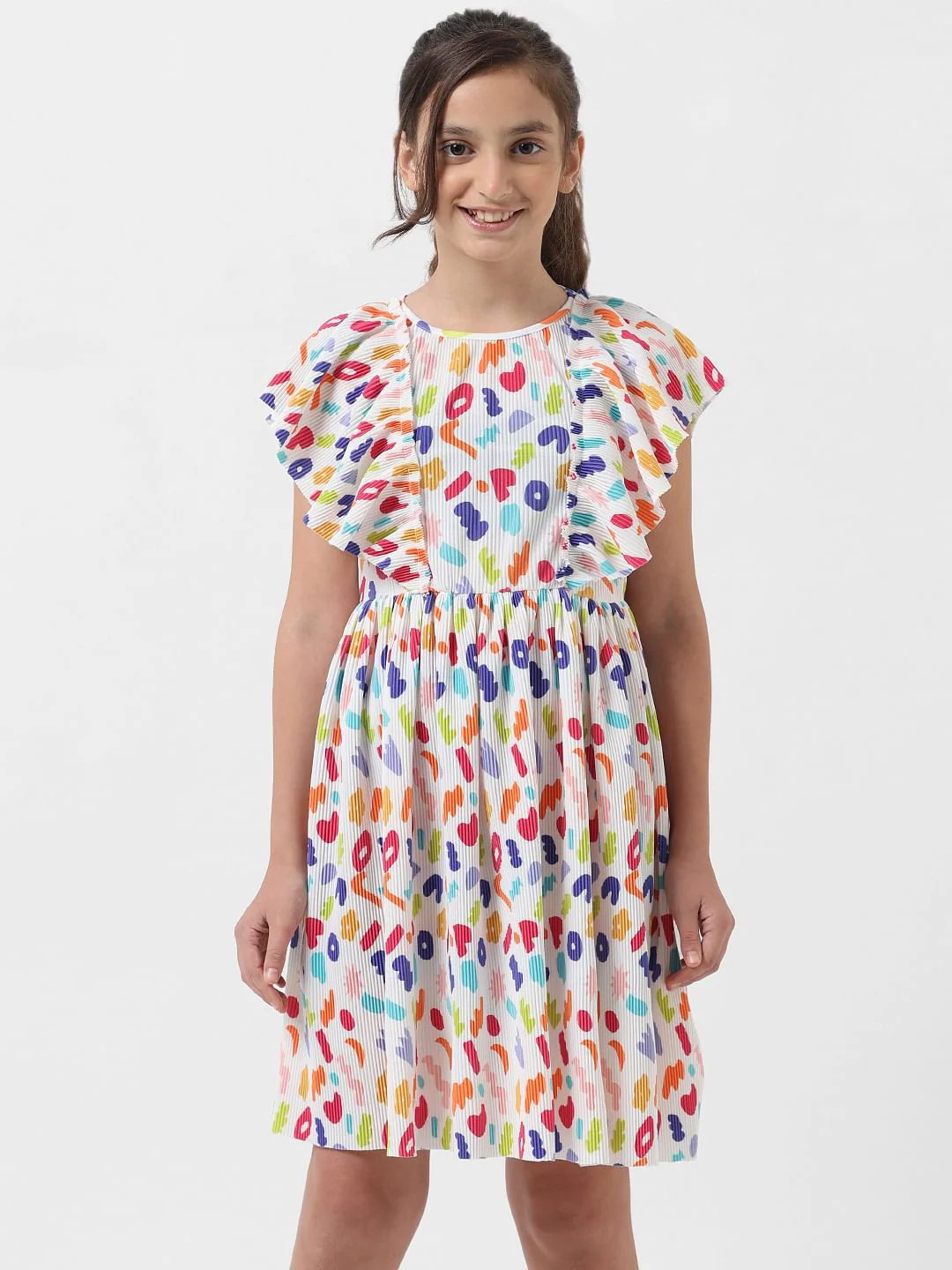Girl White Pleated Printed Dress - Image 5
