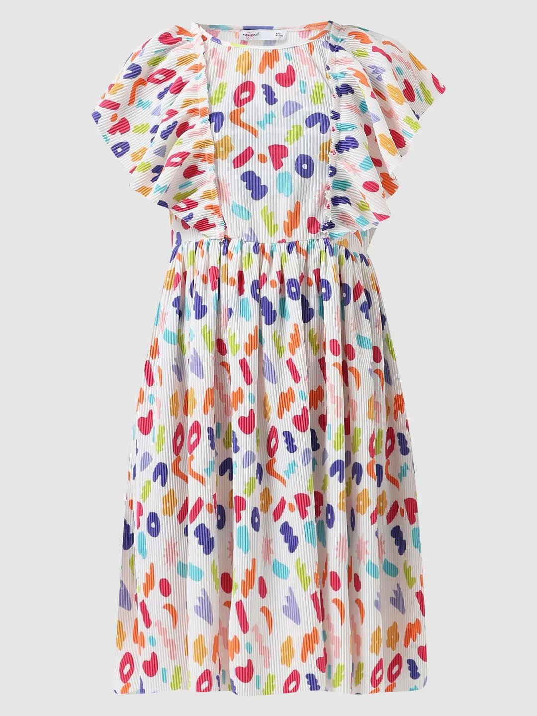 Girl White Pleated Printed Dress - Image 6