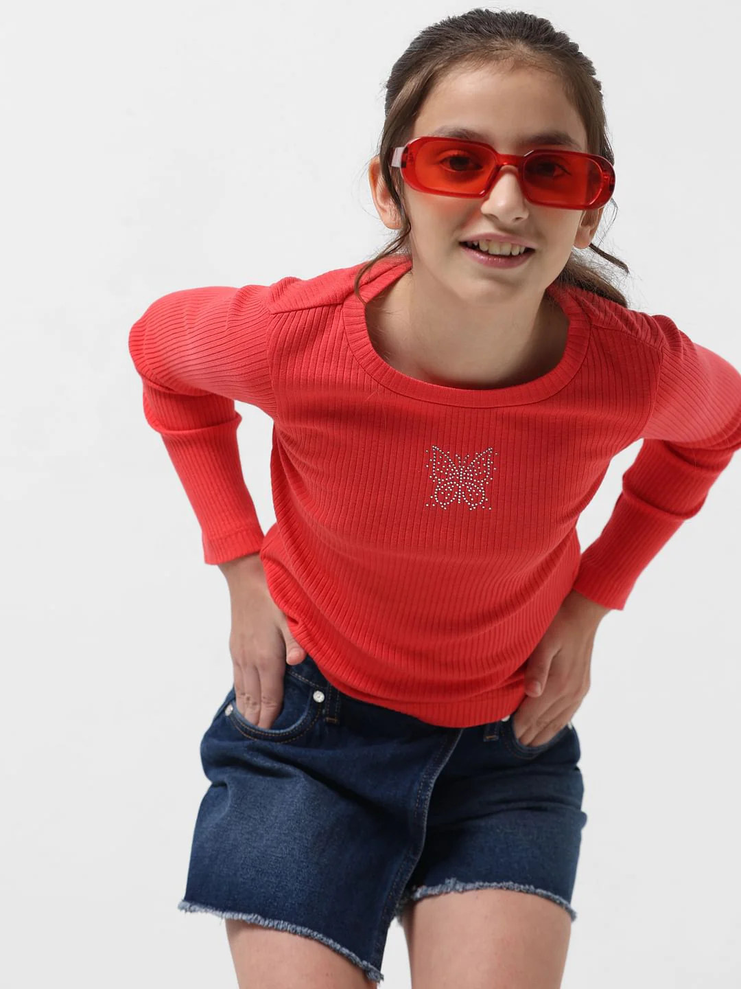 Girl Red Rhinestone Ribbed T-Shirt
