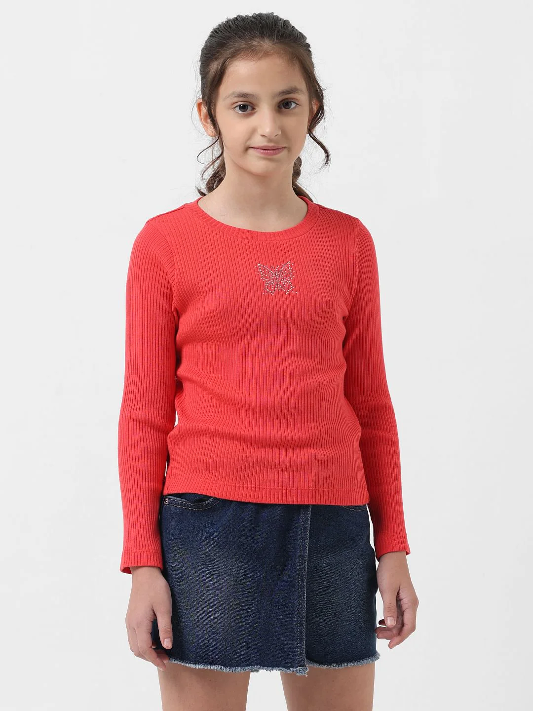 Girl Red Rhinestone Ribbed T-Shirt - Image 2