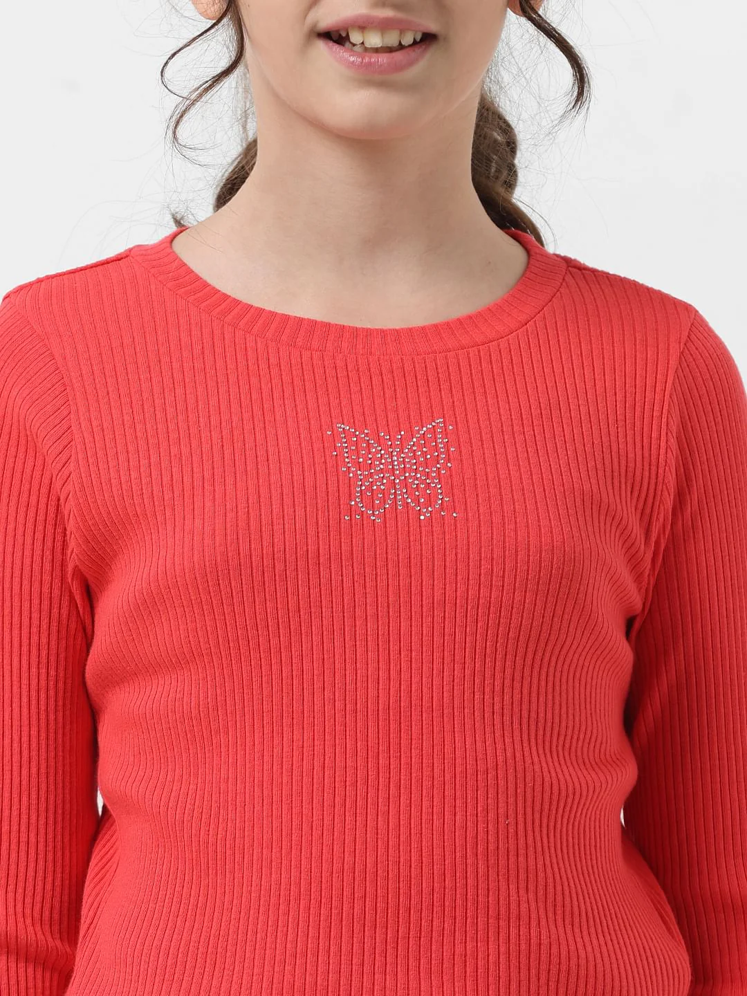 Girl Red Rhinestone Ribbed T-Shirt - Image 4