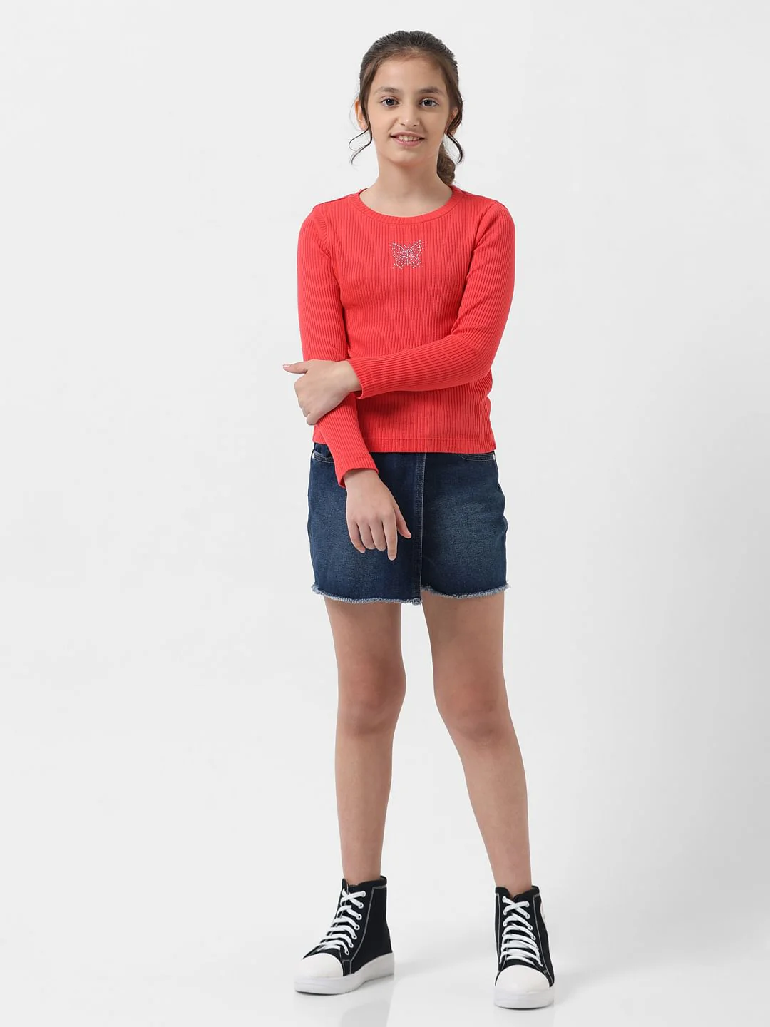Girl Red Rhinestone Ribbed T-Shirt - Image 5