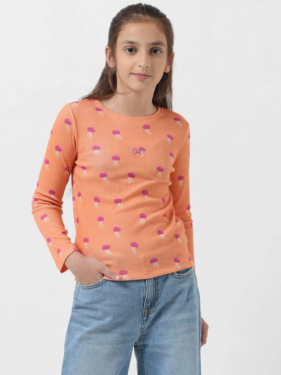 Girl Orange Printed Ribbed T-Shirt - Image 2