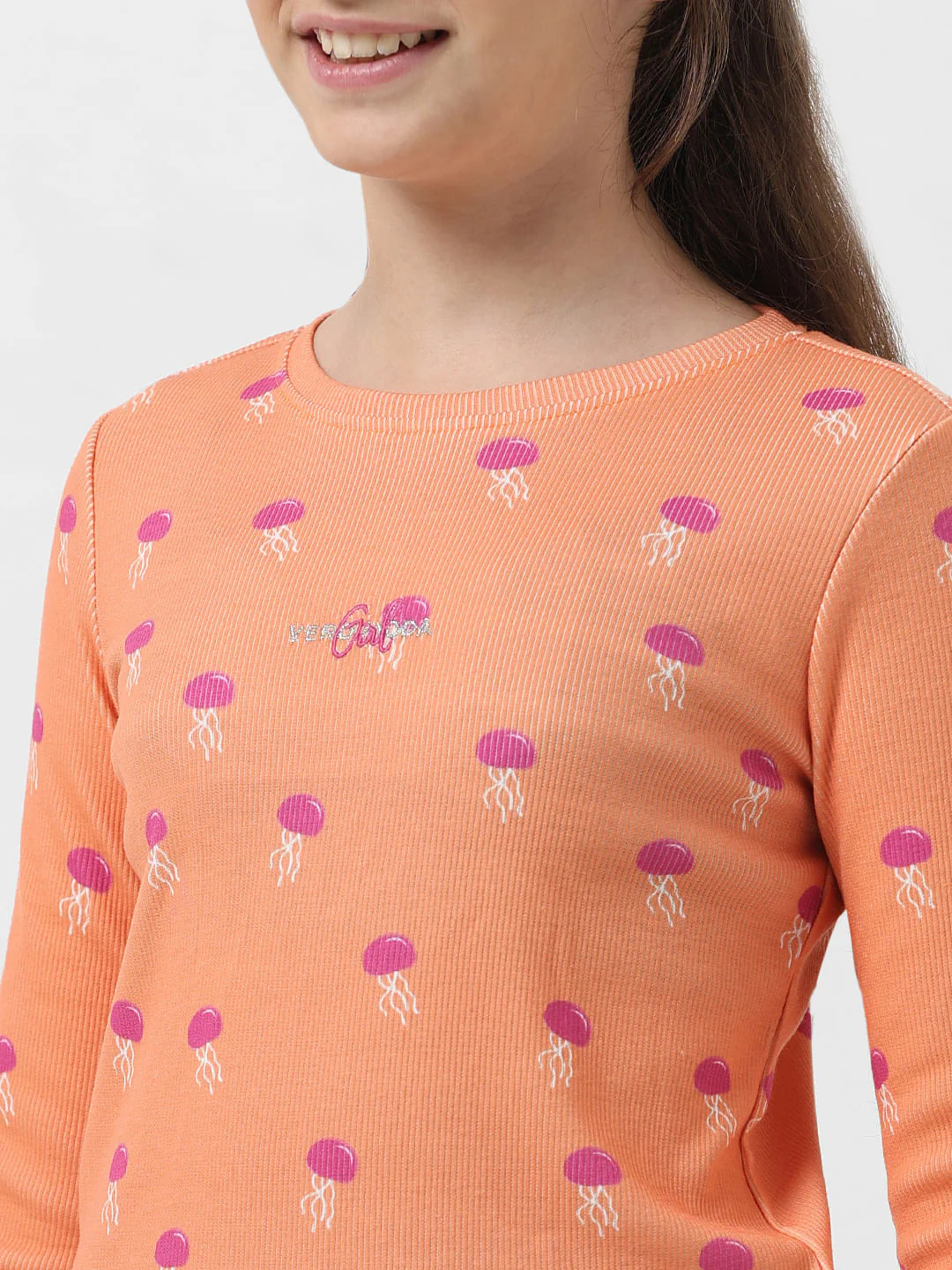 Girl Orange Printed Ribbed T-Shirt - Image 4