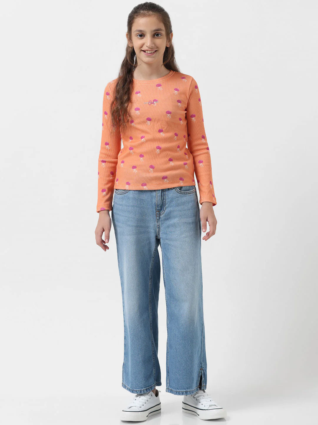 Girl Orange Printed Ribbed T-Shirt - Image 5