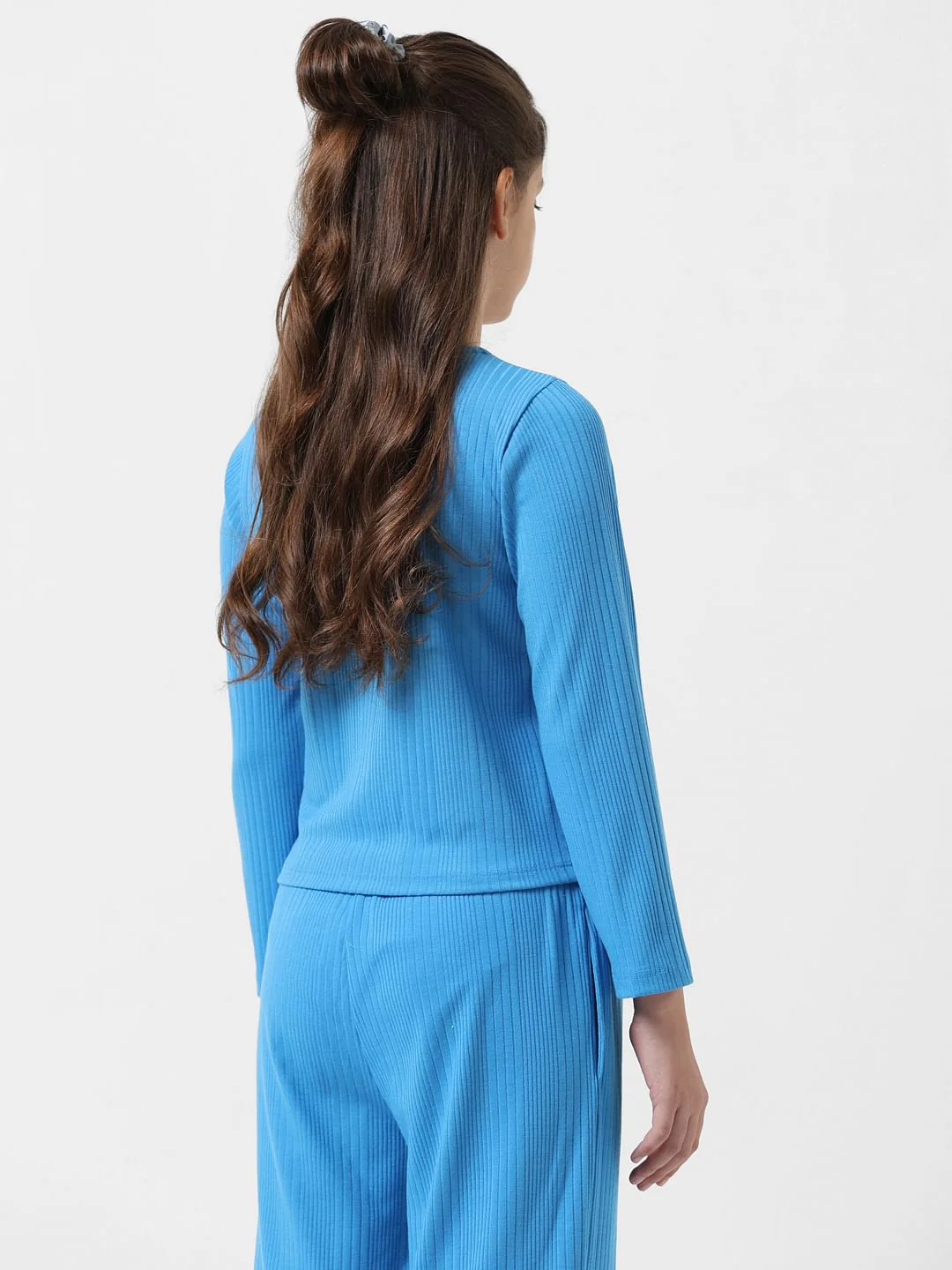 Girl Blue Ribbed Full Sleeves Top - Image 3