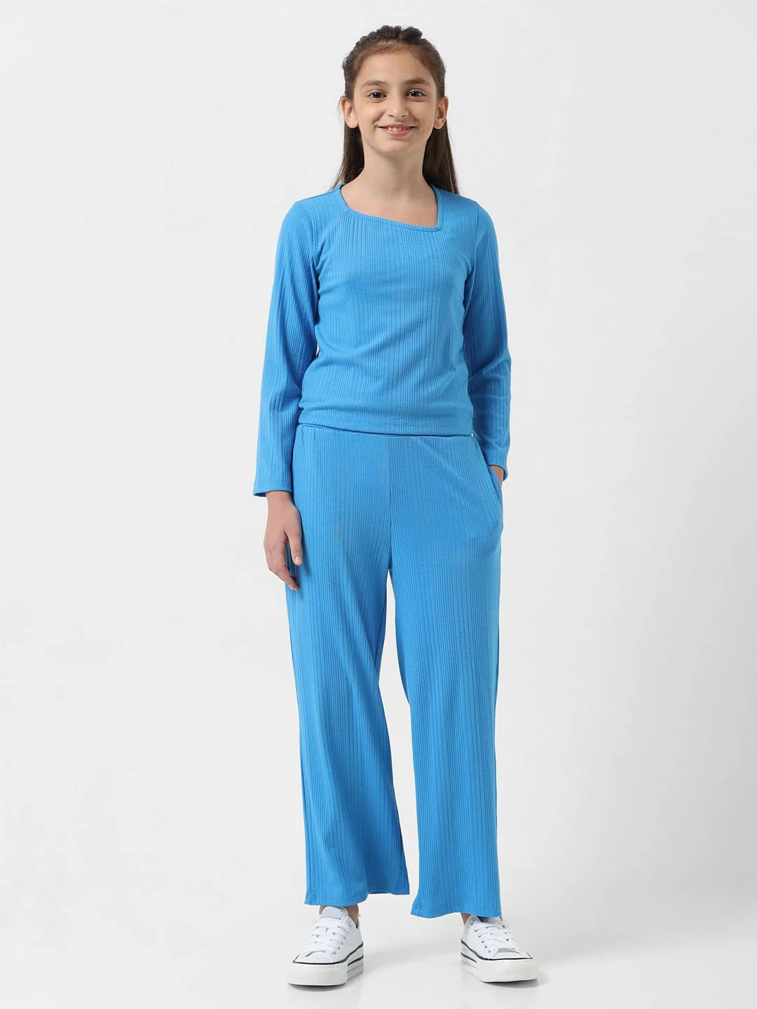 Girl Blue Ribbed Full Sleeves Top - Image 5