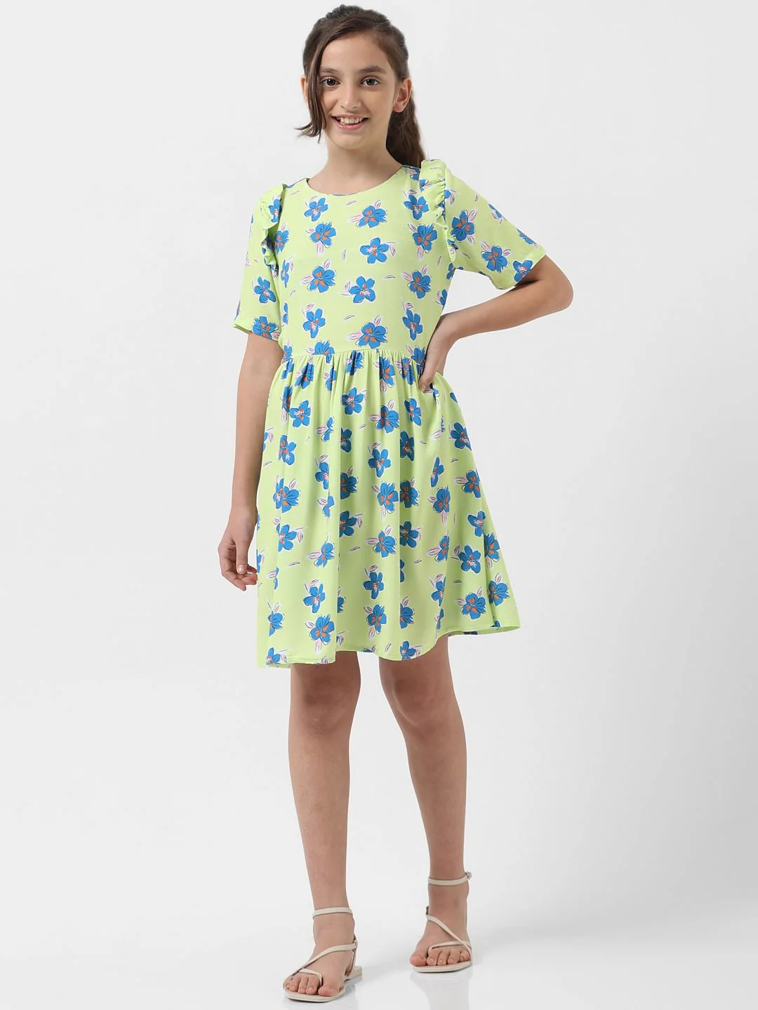 Girl Green Floral Fit & Flare Dress - Image 2