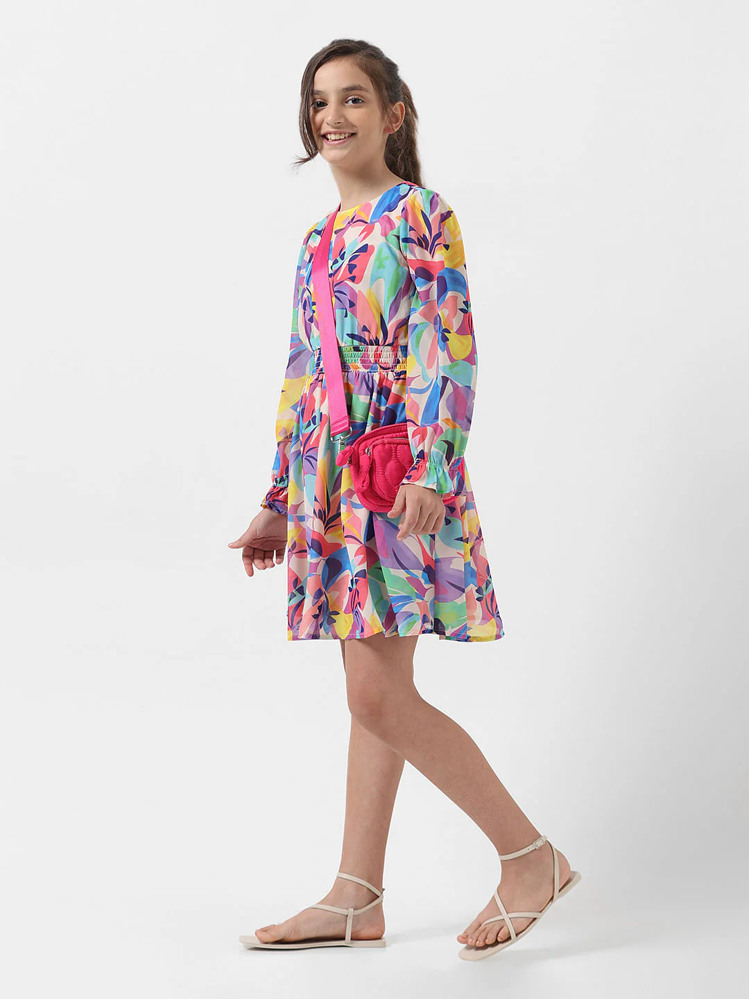 Girl Beige Floral Fit & Flare Dress