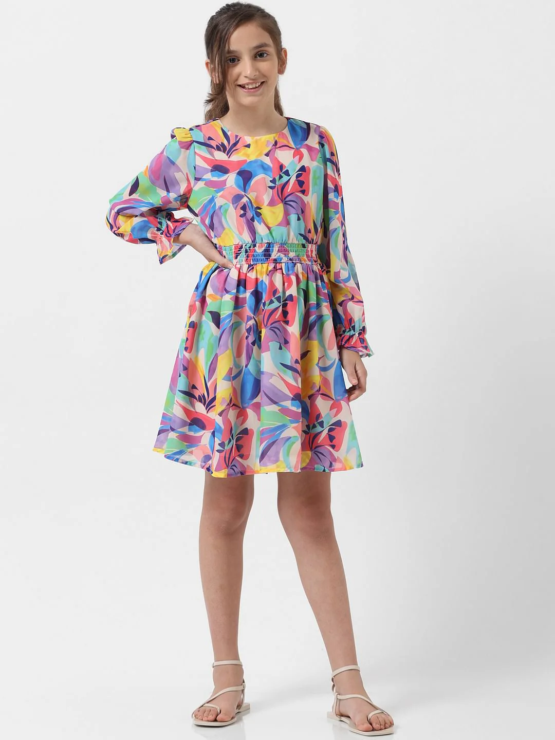 Girl Beige Floral Fit & Flare Dress - Image 2