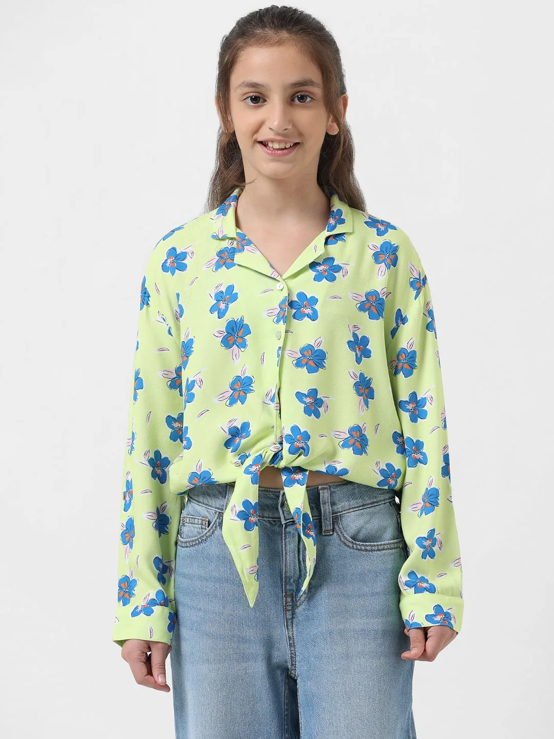 Girl Green Floral Front Knot Shirt - Image 2