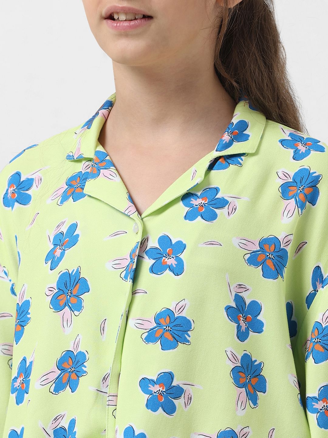 Girl Green Floral Front Knot Shirt - Image 4
