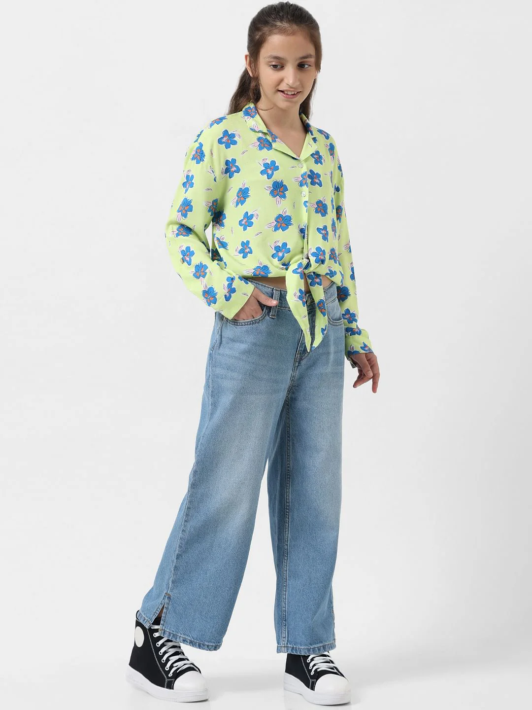 Girl Green Floral Front Knot Shirt - Image 5