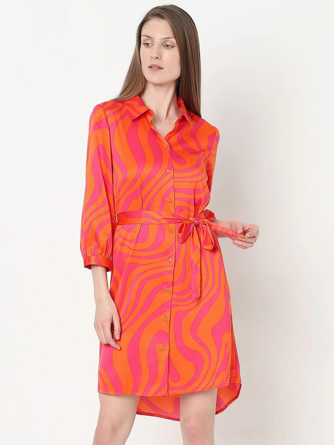 Orange Printed Shirt Dress - Image 2