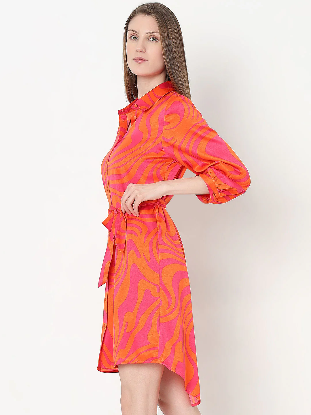 Orange Printed Shirt Dress - Image 3