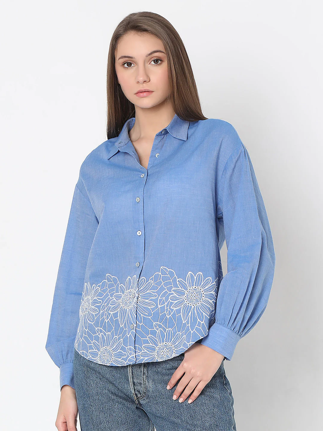 Blue Floral Embroidery Shirt - Image 2