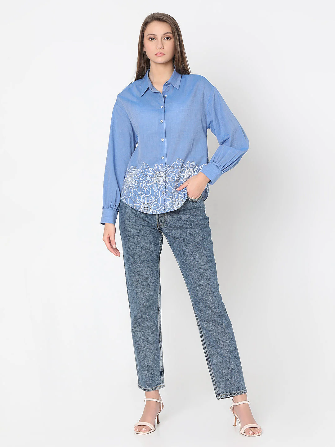 Blue Floral Embroidery Shirt - Image 5
