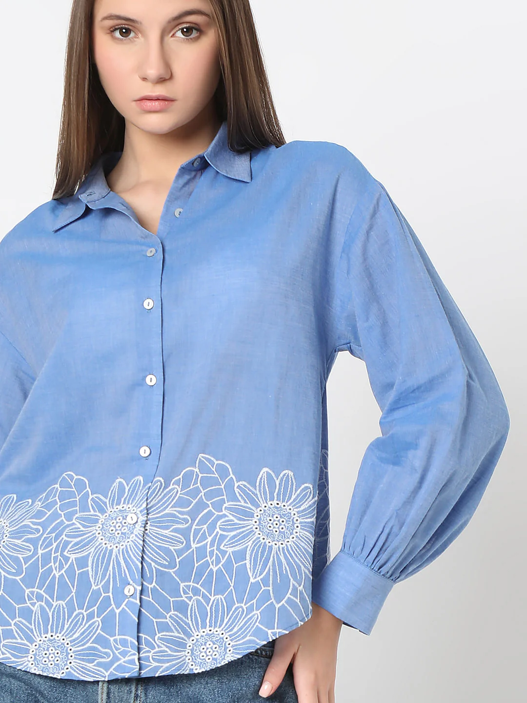 Blue Floral Embroidery Shirt - Image 6