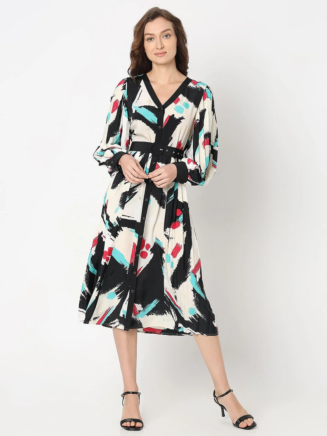 White Printed Pleated Midi Dress - Image 2