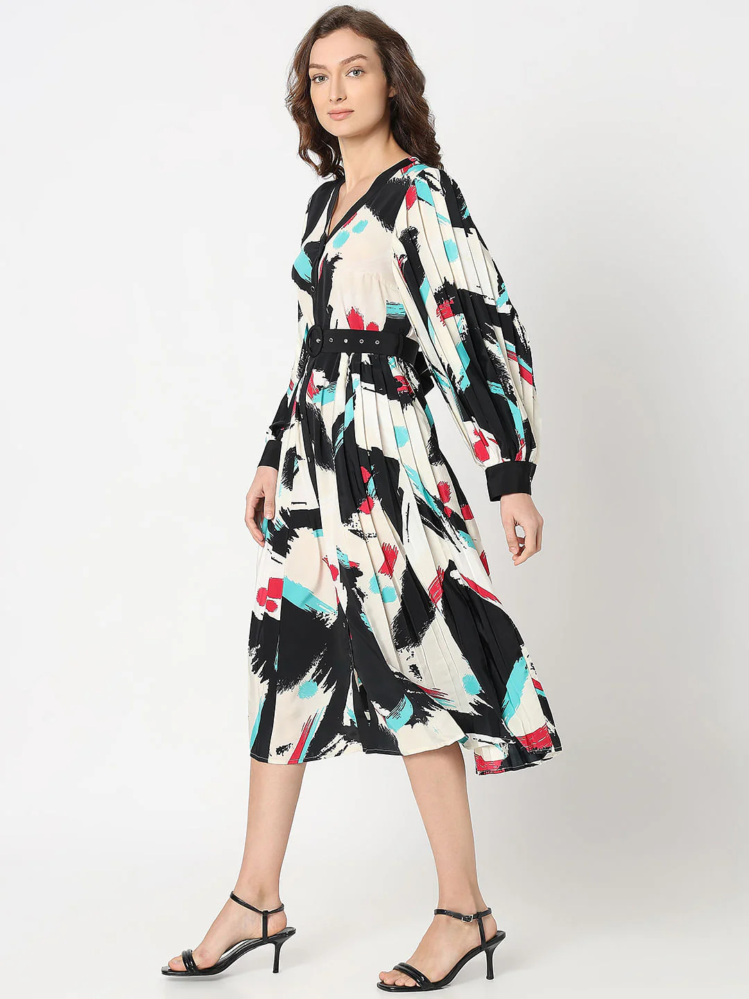 White Printed Pleated Midi Dress - Image 3