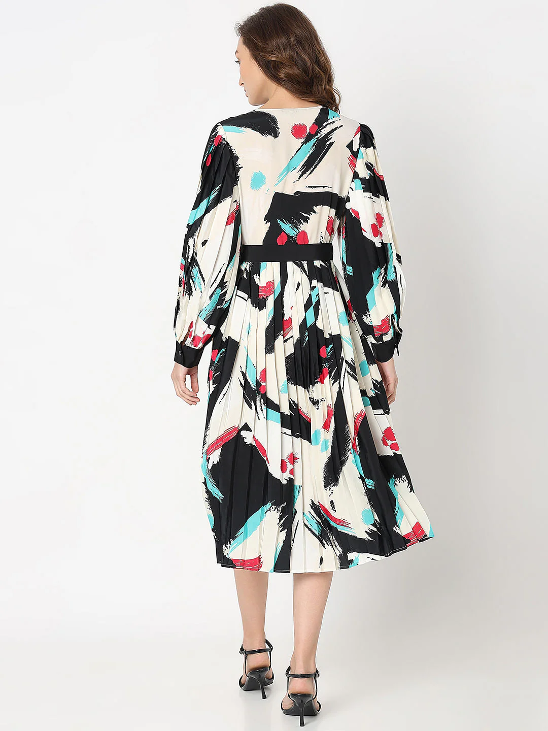 White Printed Pleated Midi Dress - Image 4