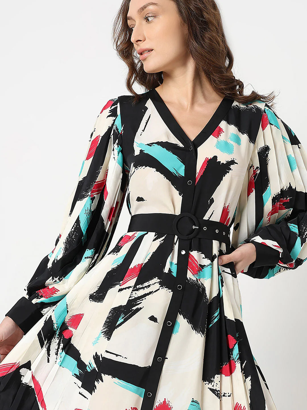 White Printed Pleated Midi Dress - Image 5
