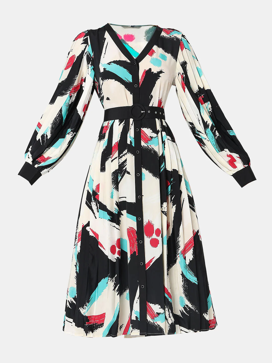 White Printed Pleated Midi Dress - Image 6