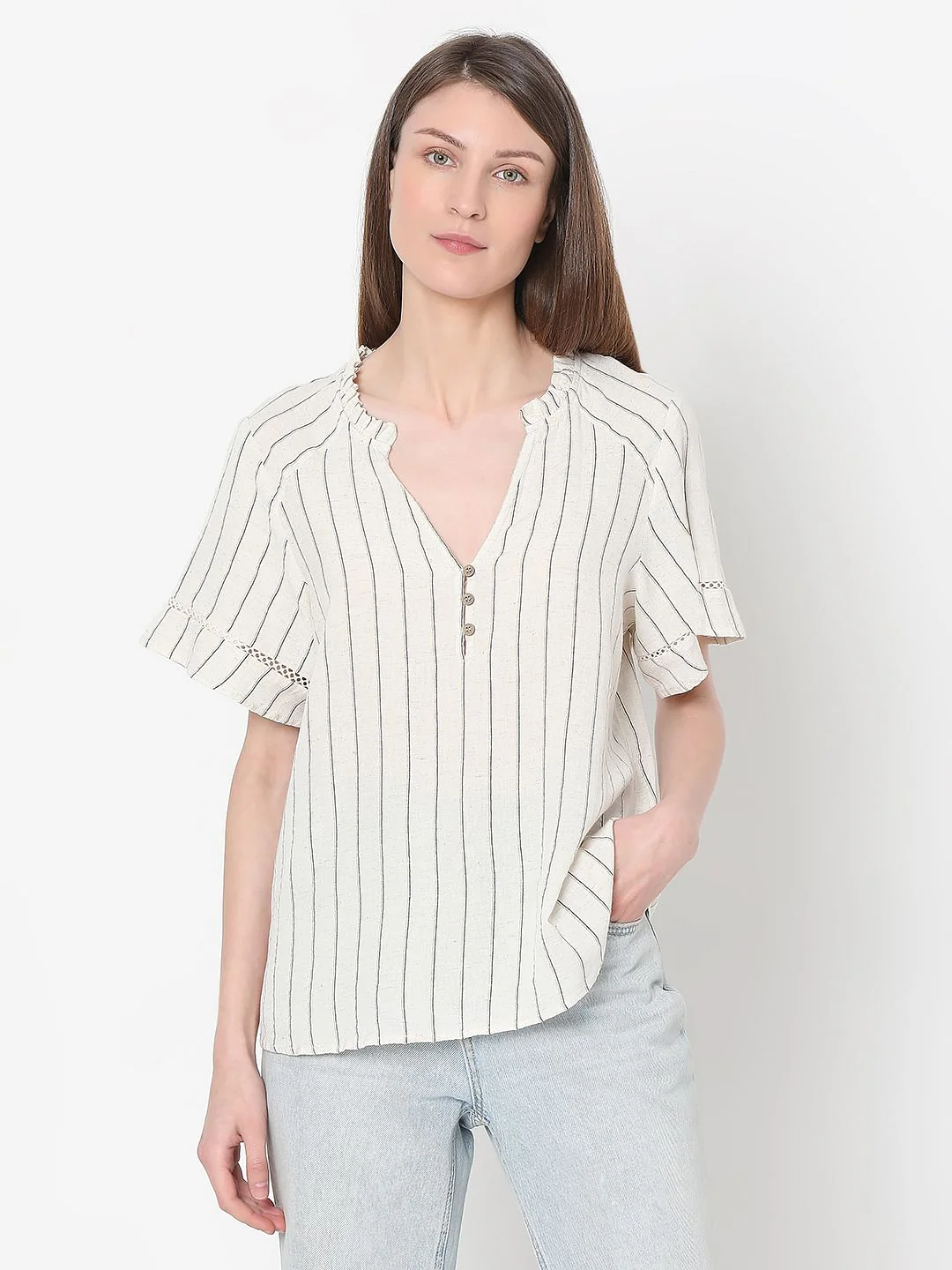 Beige Striped Woven Top - Image 2