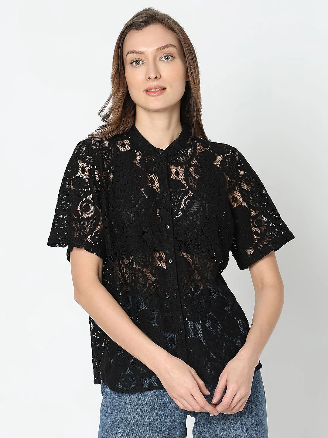 Black Lace Short Sleeves Top - Image 2