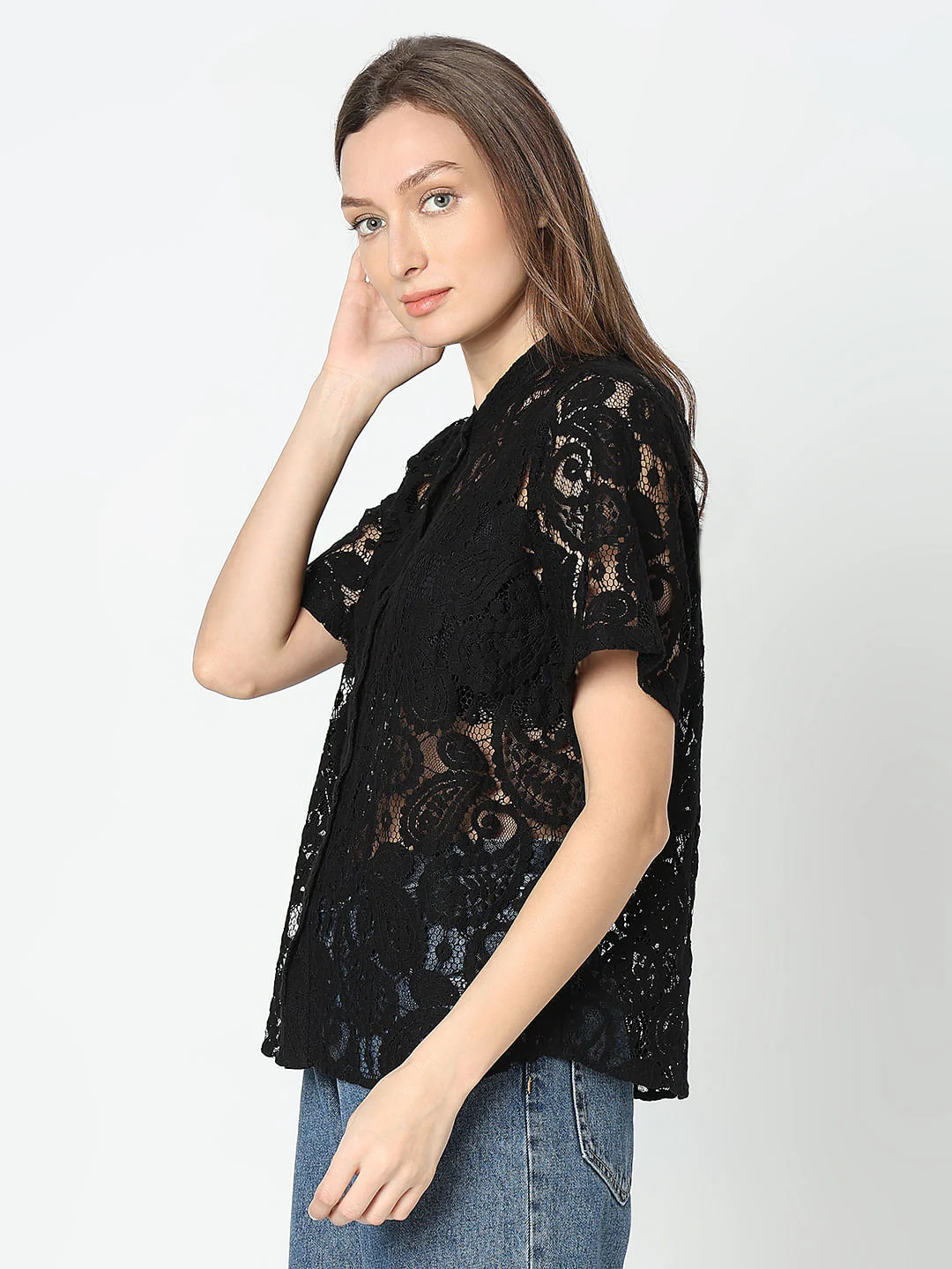 Black Lace Short Sleeves Top - Image 3