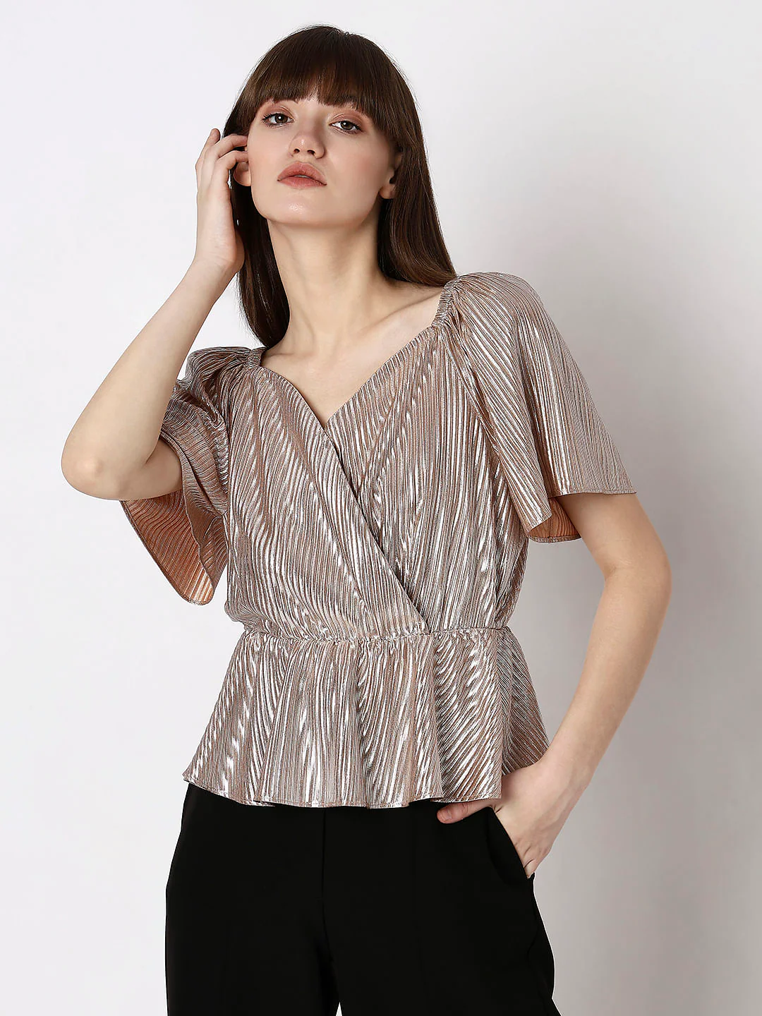Pink Textured Flared Sleeves Top - Image 2