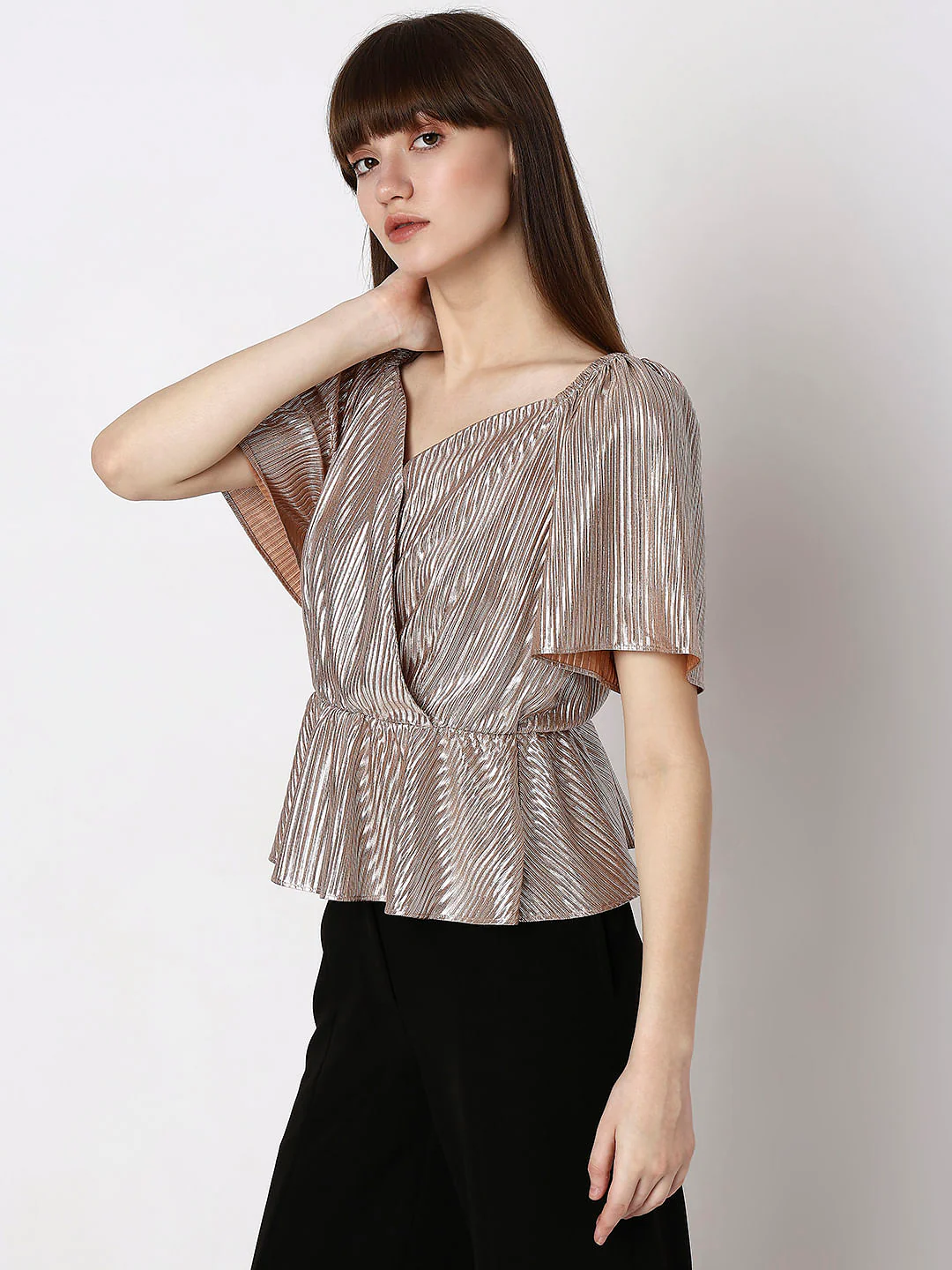 Pink Textured Flared Sleeves Top - Image 3