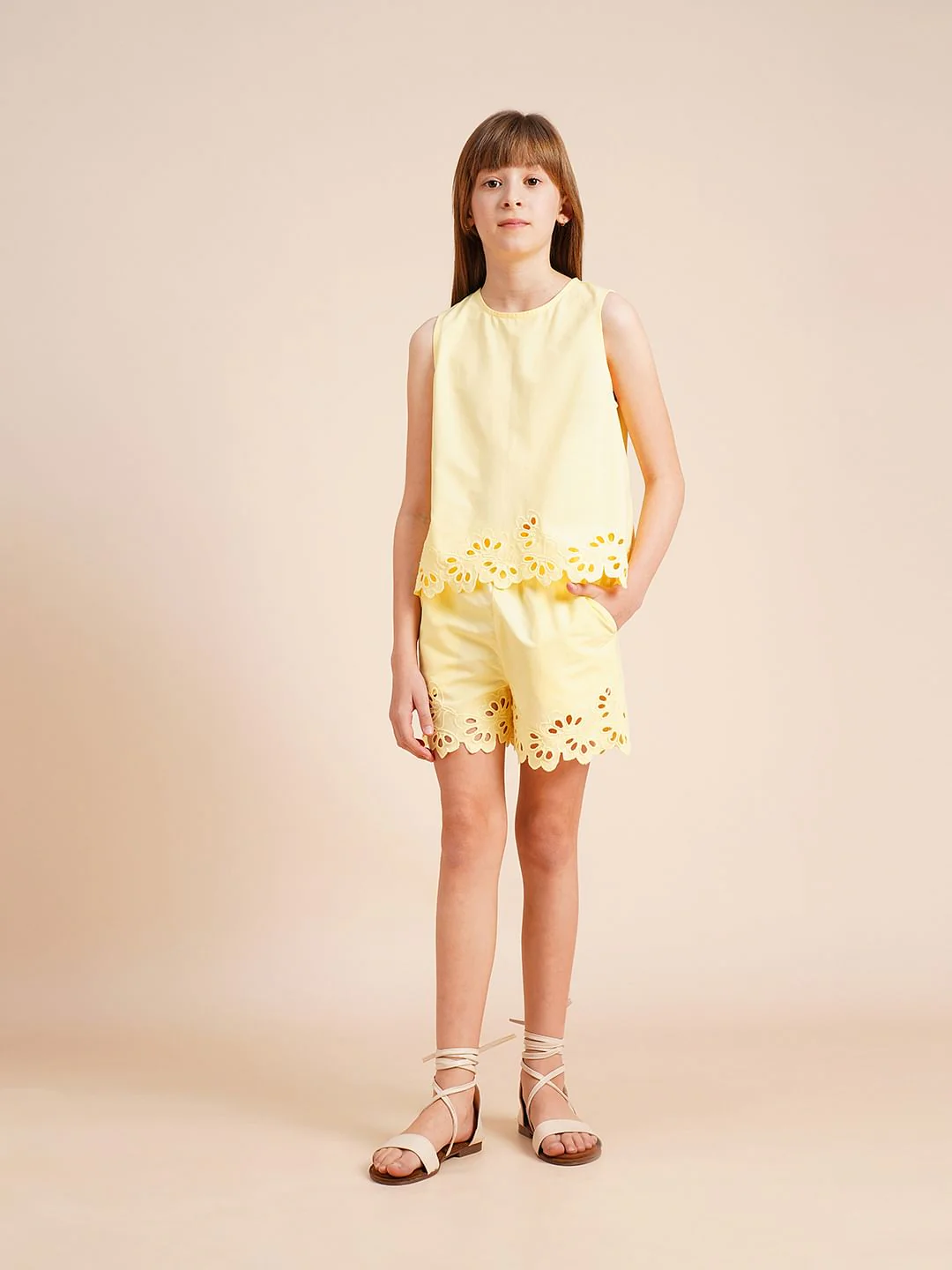 Girls Yellow Laser Cut Co-Ord Set Top - Image 5