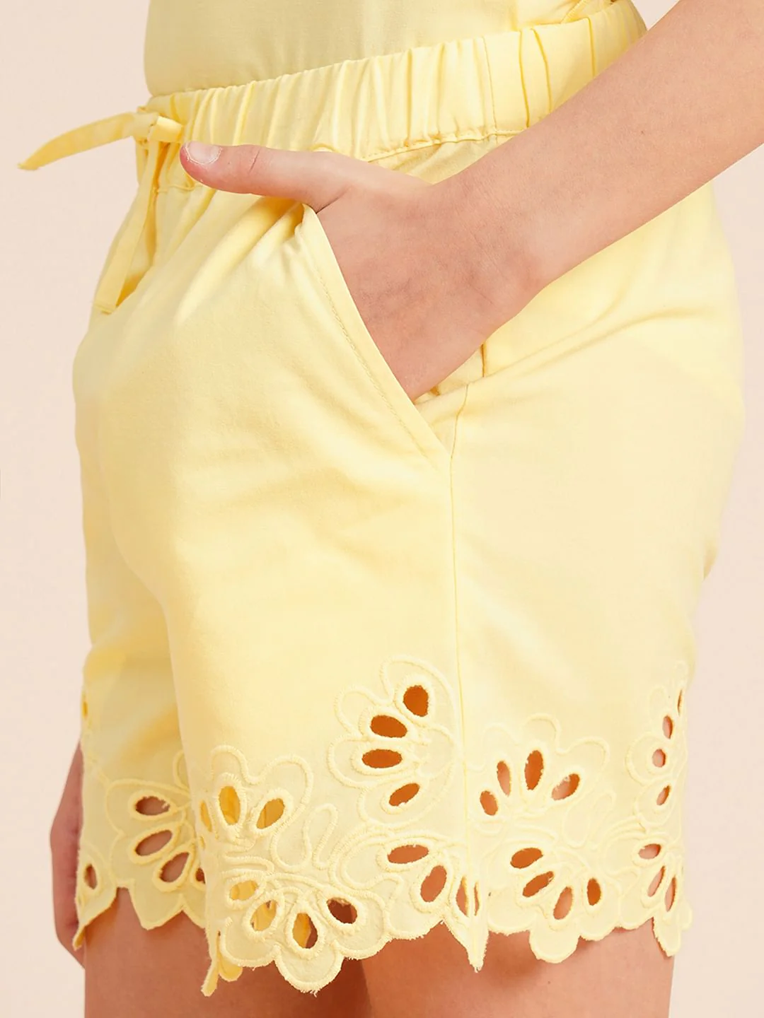 Girls Yellow Laser Cut Co-Ord Set Shorts - Image 4