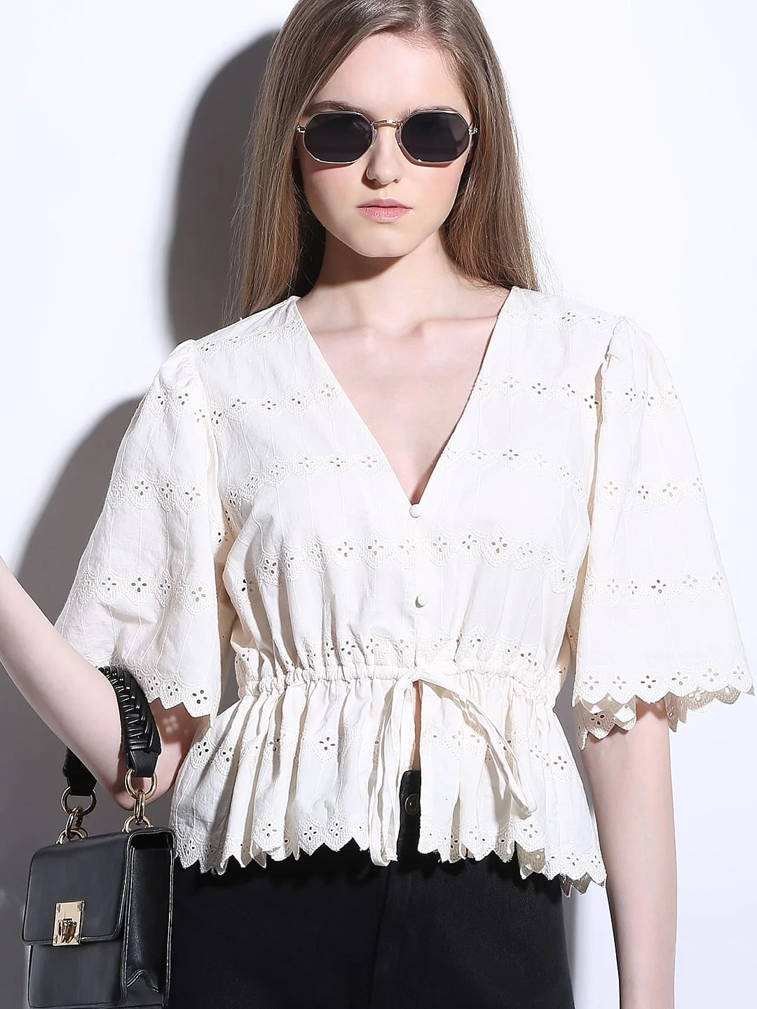Off-White Schiffli Peplum Top