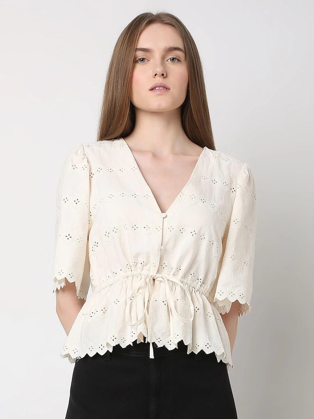 Off-White Schiffli Peplum Top - Image 2