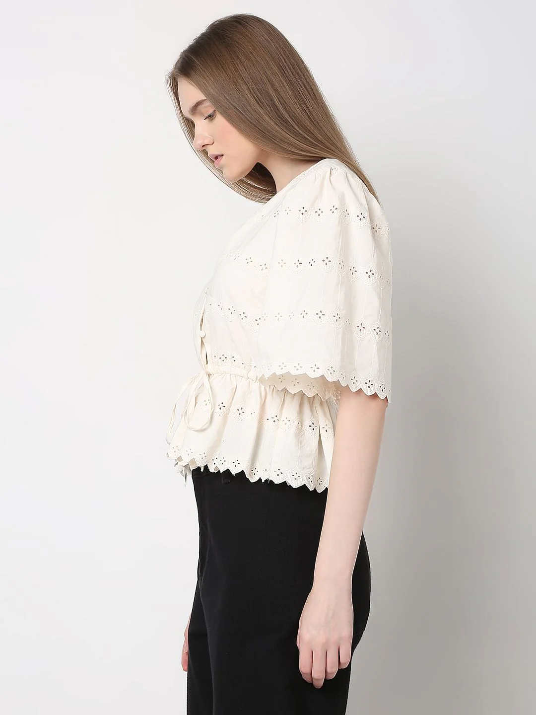 Off-White Schiffli Peplum Top - Image 3