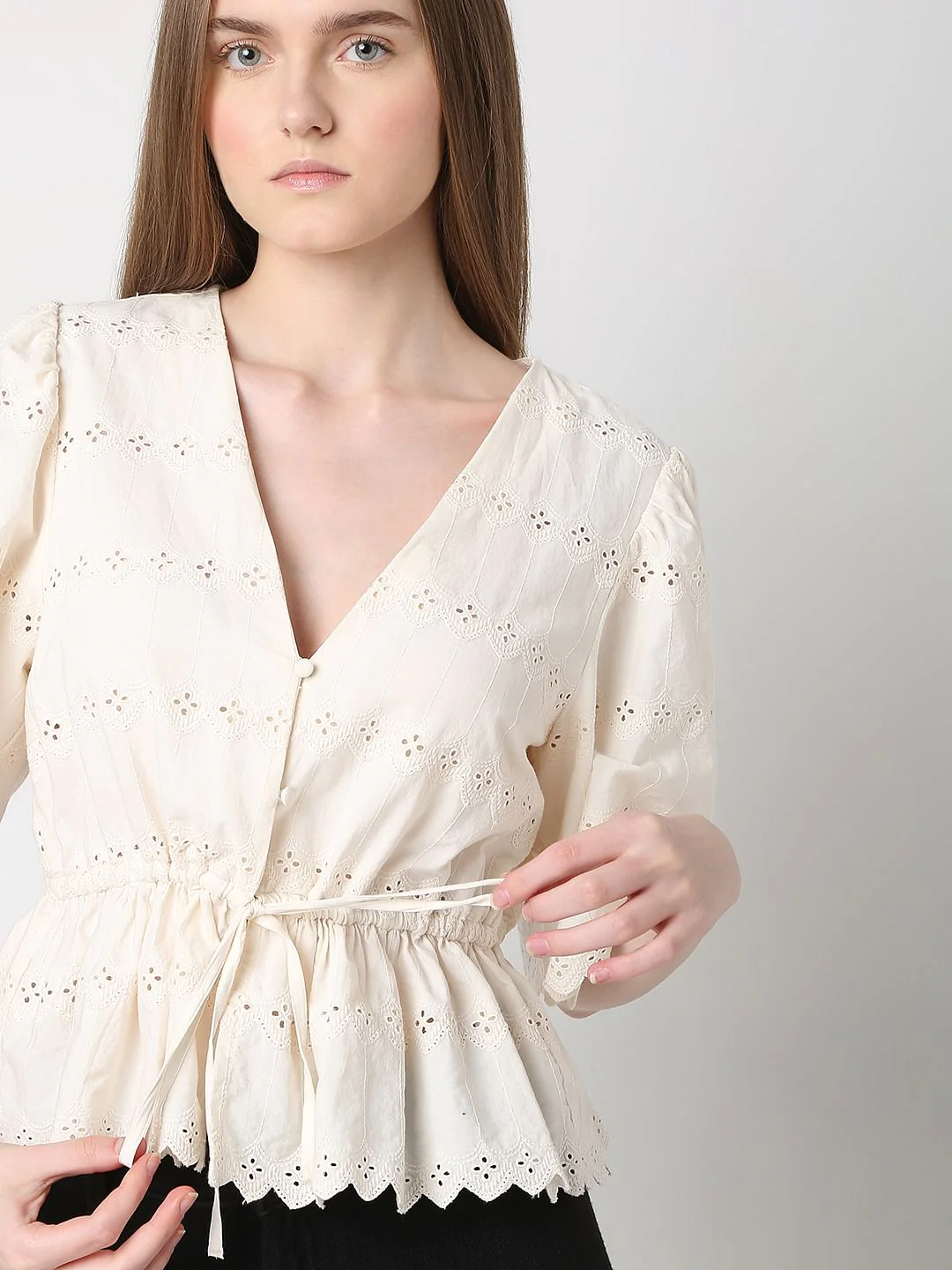 Off-White Schiffli Peplum Top - Image 6