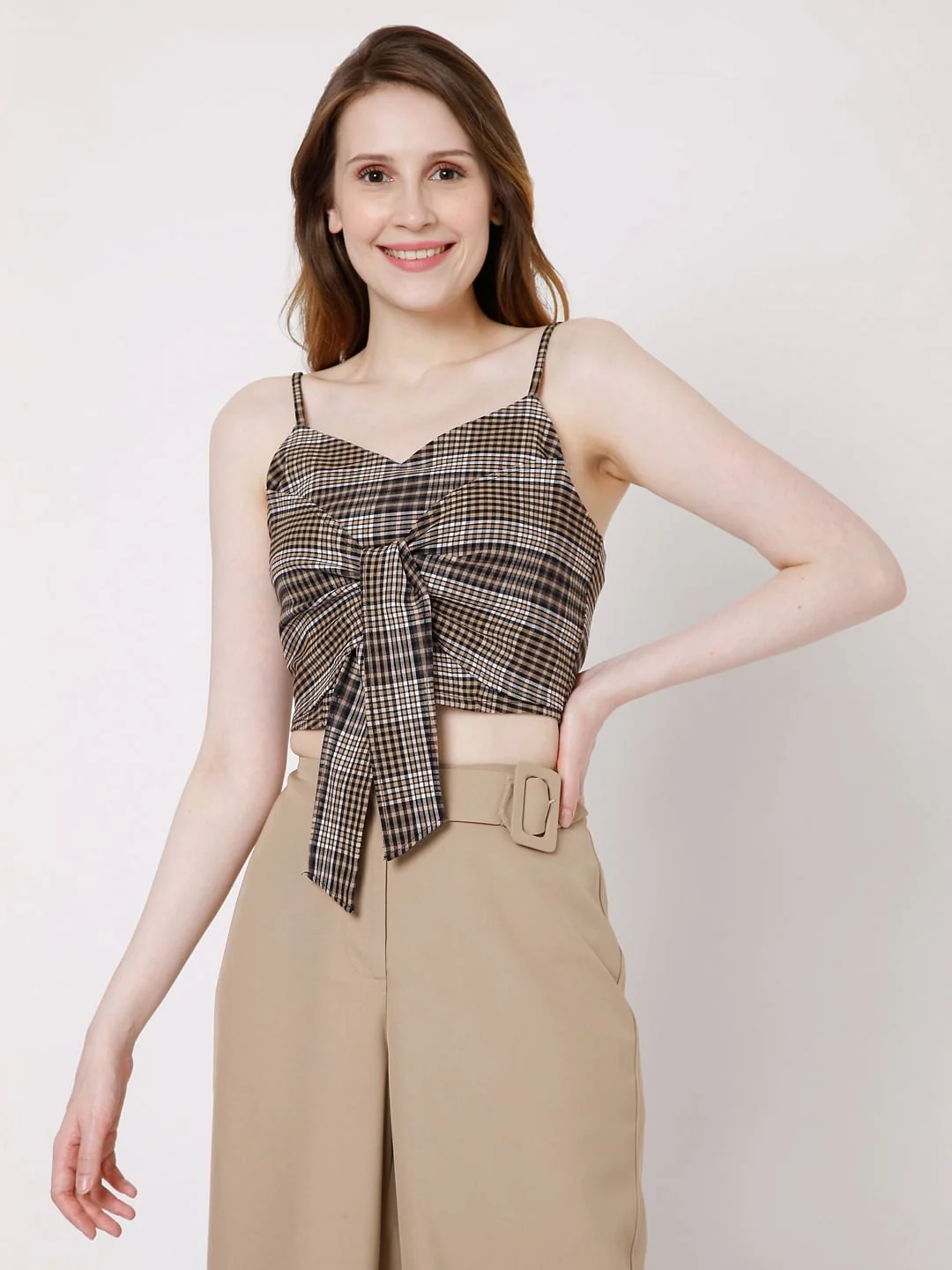 Brown Checks Co-Ord Set Crop Top - Image 2