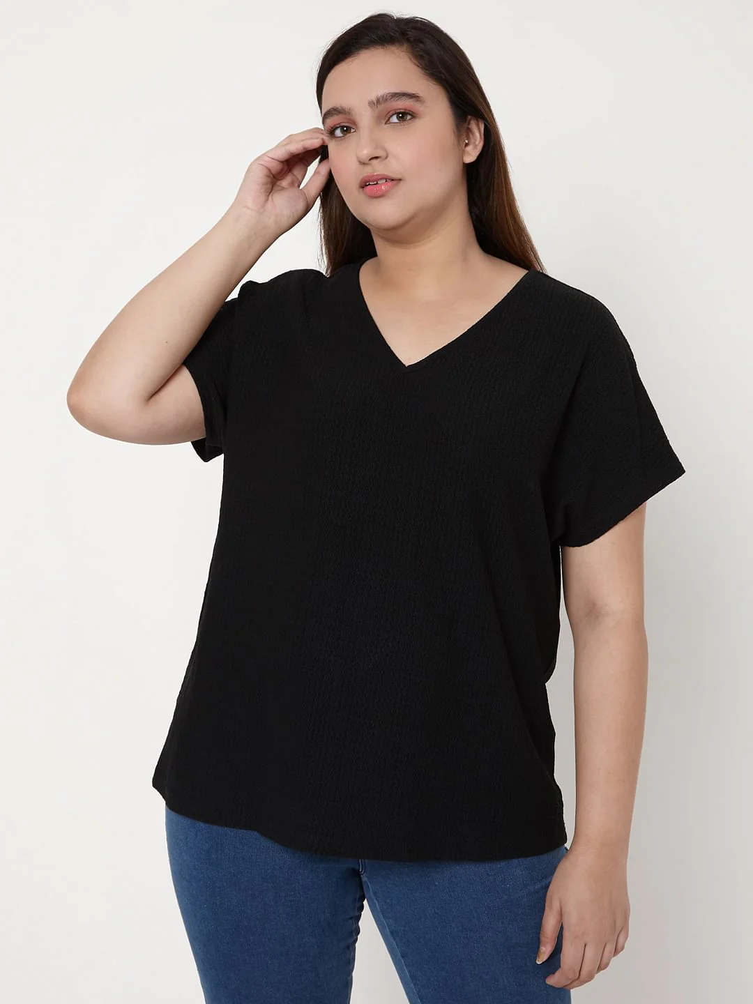 Curve Black V Neck Knit Top - Image 2