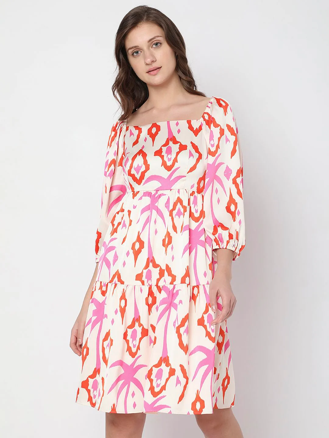 Cream Abstract Print Fit & Flare Dress - Image 2