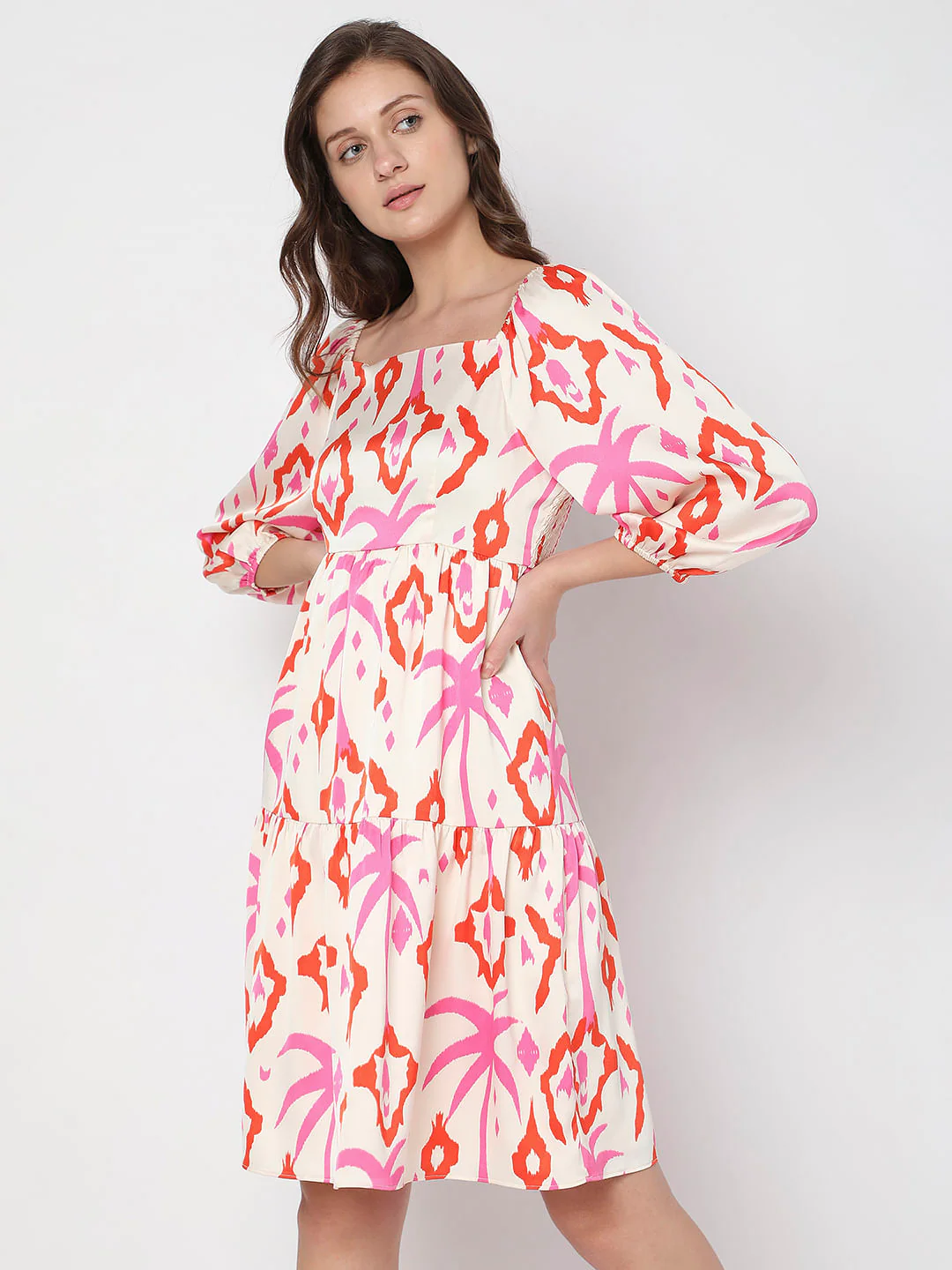 Cream Abstract Print Fit & Flare Dress - Image 3