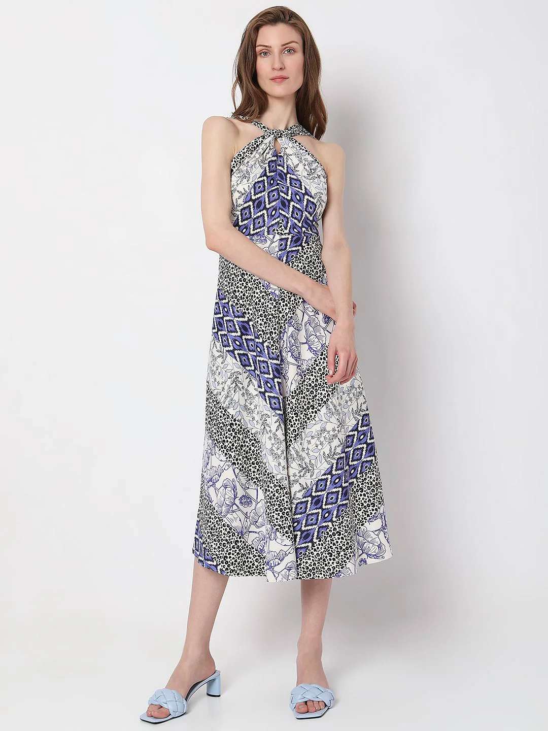 Blue Abstract Print Halter Neck Dress - Image 2
