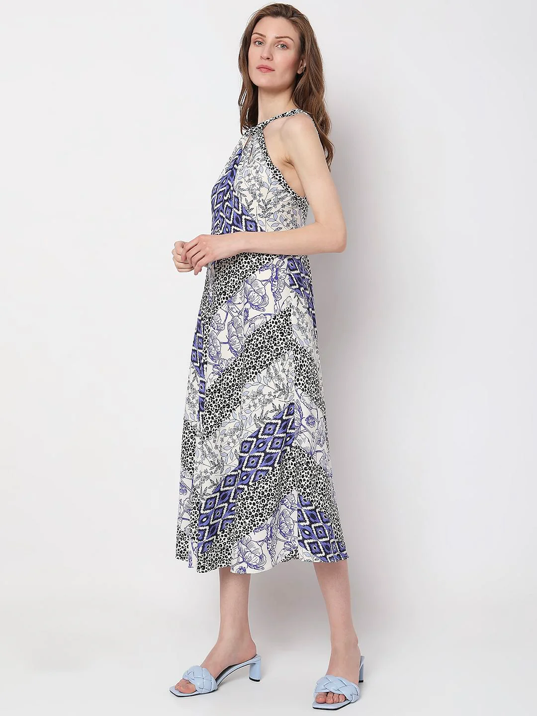 Blue Abstract Print Halter Neck Dress - Image 3