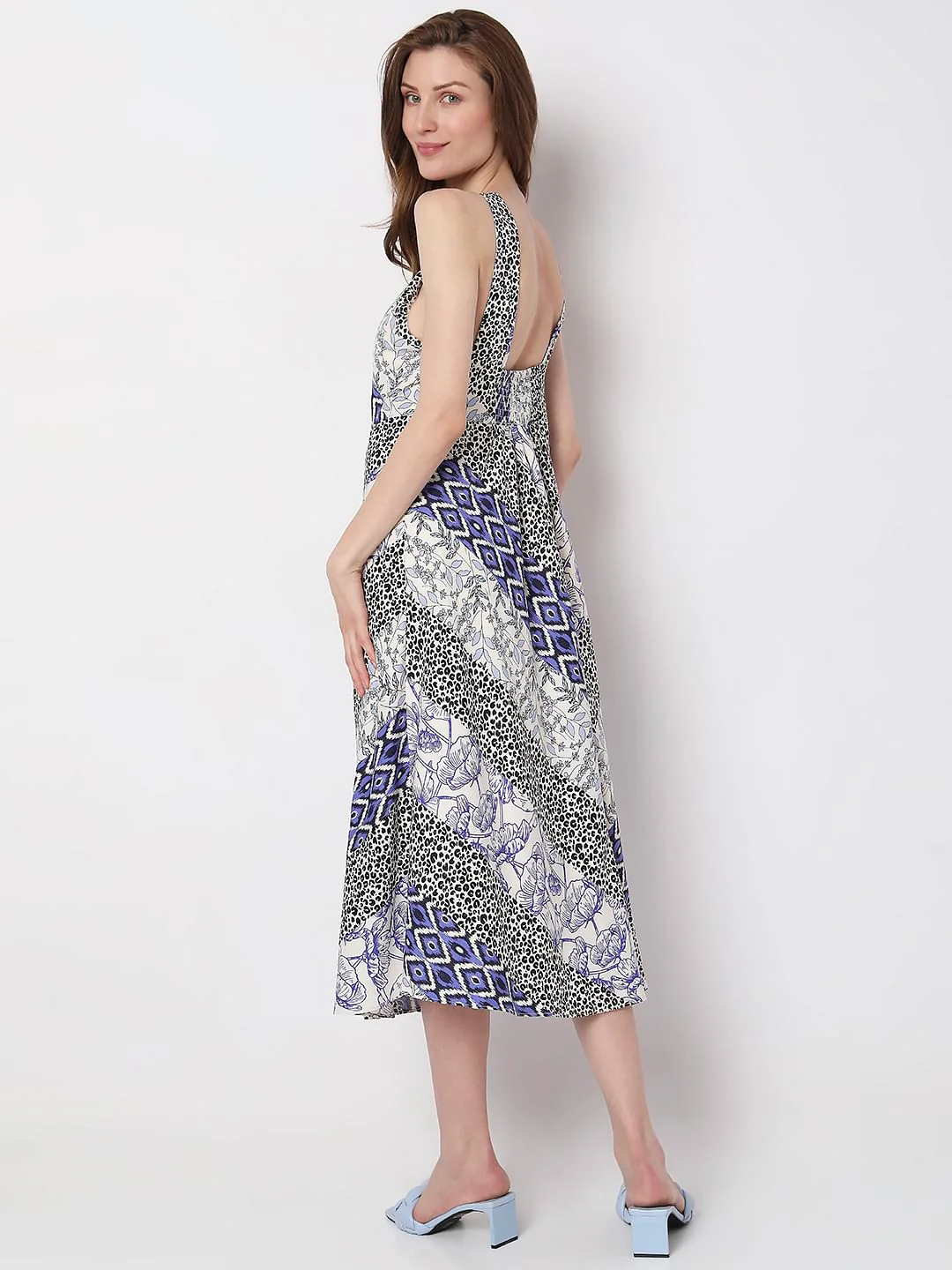 Blue Abstract Print Halter Neck Dress - Image 4